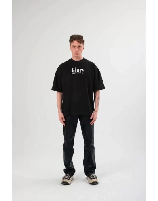 Unisex Bisiklet Yaka Baskılı Oversize T-Shirt - Siyah