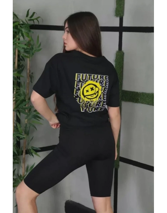 Unisex Bisiklet Yaka Baskılı Oversize T-Shirt - Siyah