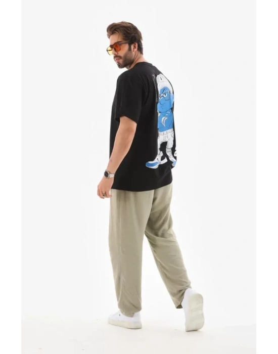 Unisex Bisiklet Yaka Baskılı Oversize T-Shirt - Siyah