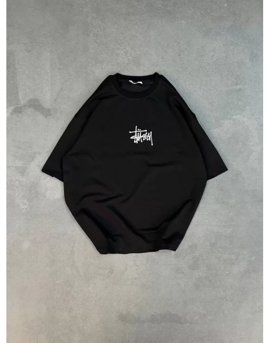 Unisex Bisiklet Yaka Baskılı Oversize T-Shirt - Siyah