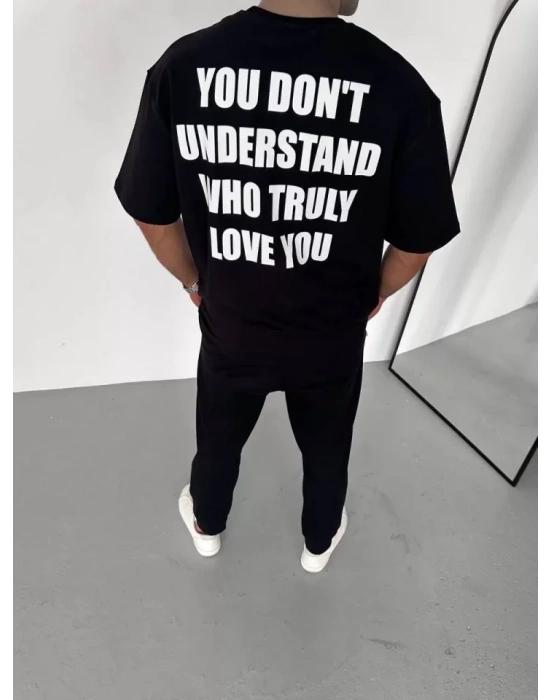 Unisex Bisiklet Yaka Baskılı Oversize T-Shirt - Siyah