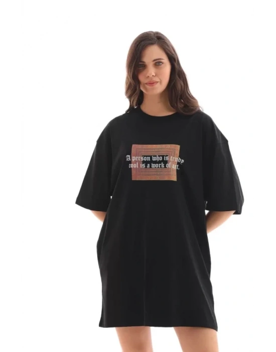 Unisex Bisiklet Yaka Baskılı Oversize T-Shirt - Siyah