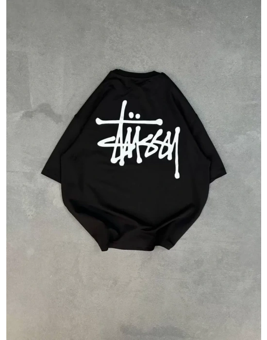 Unisex Bisiklet Yaka Baskılı Oversize T-Shirt - Siyah