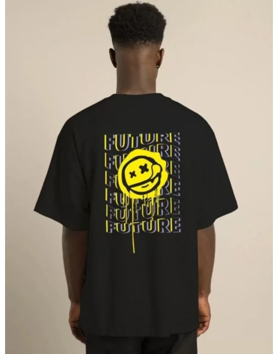 Unisex Bisiklet Yaka Baskılı Oversize T-Shirt - Siyah