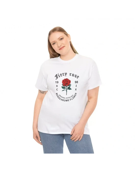Unisex Bisiklet Yaka Baskılı T-Shirt - Beyaz