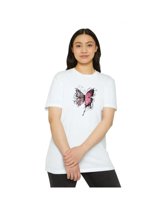 Unisex Bisiklet Yaka Baskılı T-Shirt - Beyaz