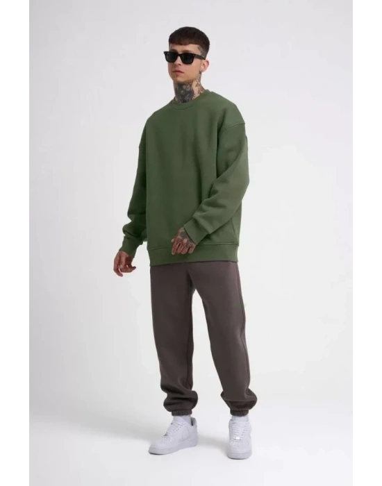 Unisex Biskilet Yaka Üç İplik SweatShirt - Haki