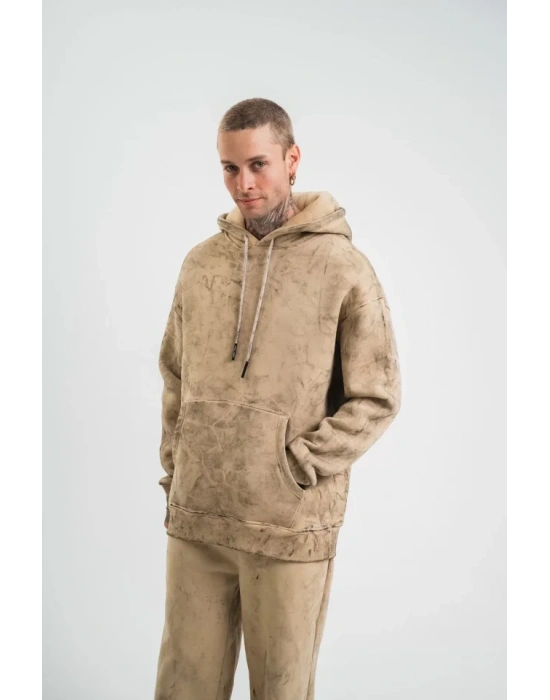 Unisex Double Oversize Kapşonlu Yıkamalı SweatShirt - Bej