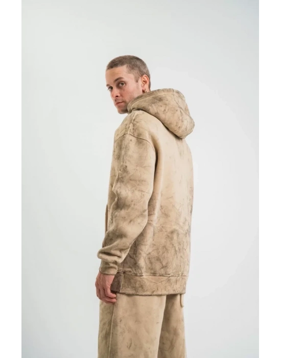 Unisex Double Oversize Kapşonlu Yıkamalı SweatShirt - Bej
