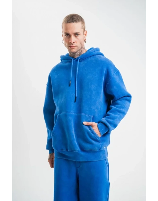 Unisex Double Oversize Kapşonlu Yıkamalı SweatShirt - Mavi