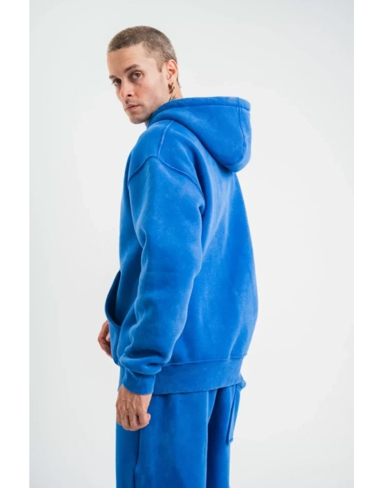 Unisex Double Oversize Kapşonlu Yıkamalı SweatShirt - Mavi