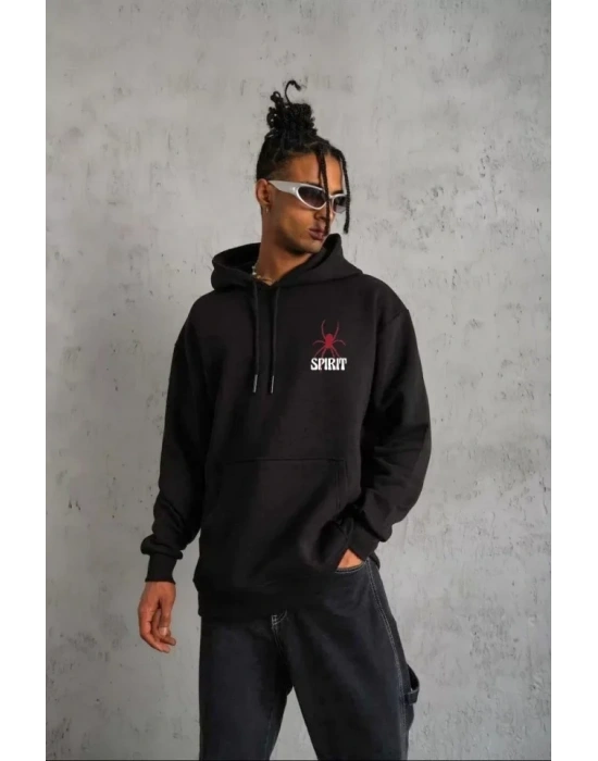 Unisex Kapşonlu Baskılı Sweetshirt - Siyah