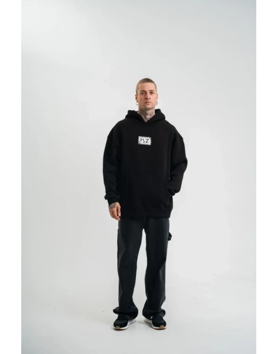 Unisex Kapşonlu Uzun Kol Patchli Nakışlı SweatShirt - Siyah