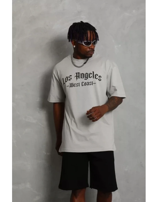 Unisex Oversize Baskılı Bisiklet Yaka T-Shirt - Gri