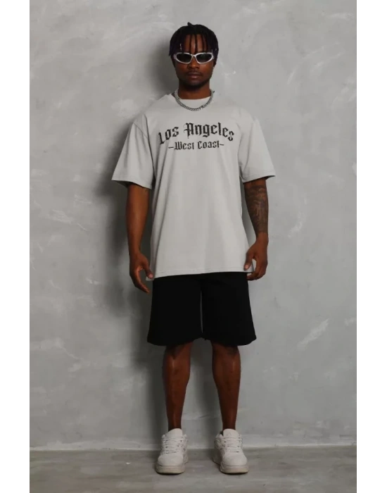 Unisex Oversize Baskılı Bisiklet Yaka T-Shirt - Gri