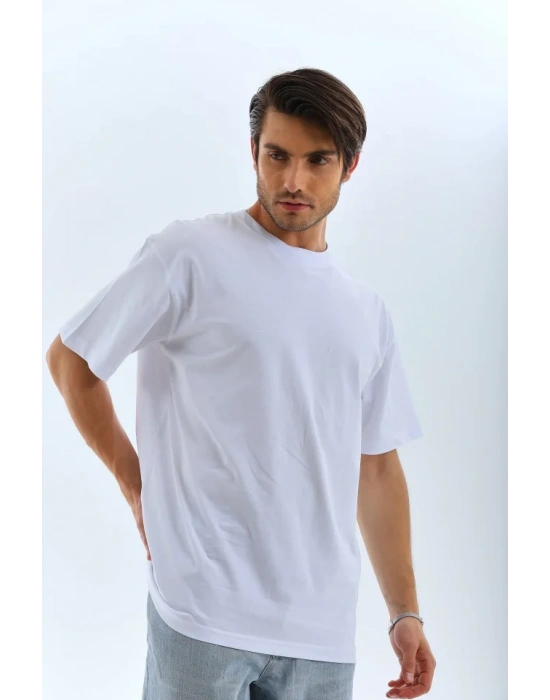 Unisex Oversize Düz Bisiklet Yaka T-Shirt - Beyaz