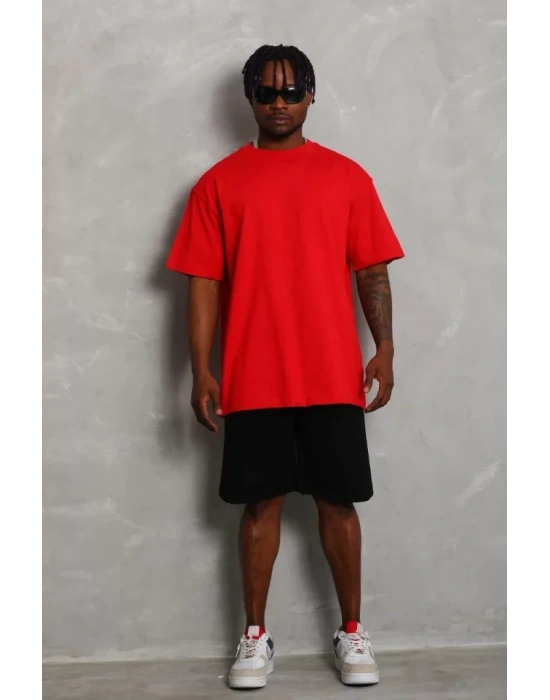 Unisex Oversize Düz Bisiklet Yaka T-Shirt - Kırmızı