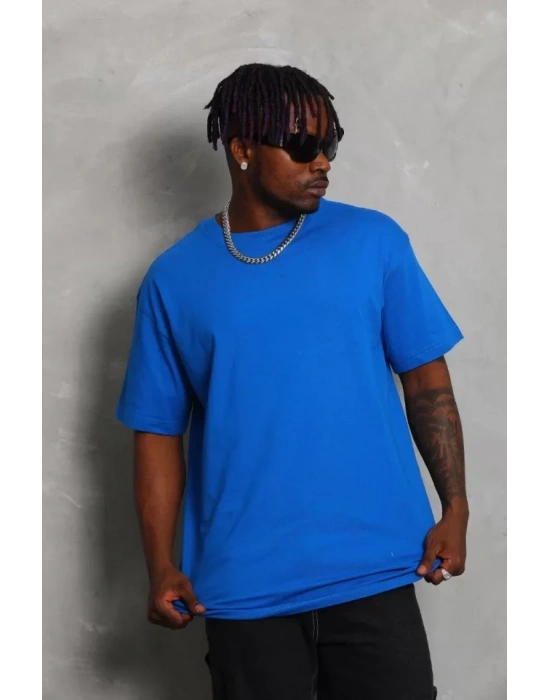 Unisex Oversize Düz Bisiklet Yaka T-Shirt - Mavi