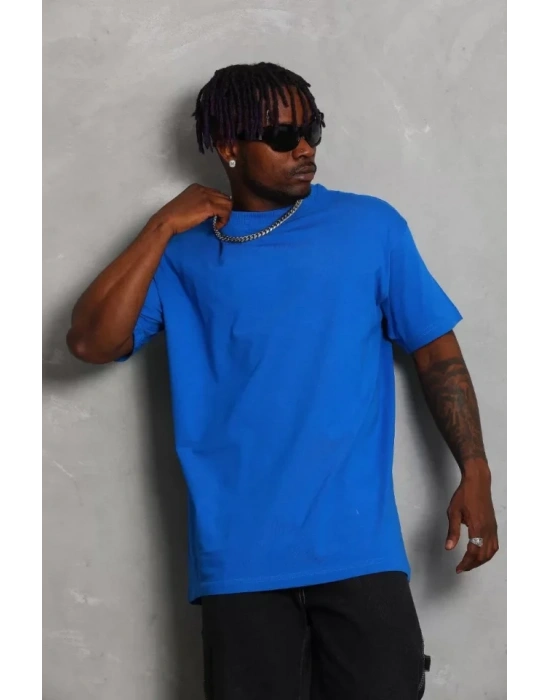 Unisex Oversize Düz Bisiklet Yaka T-Shirt - Mavi