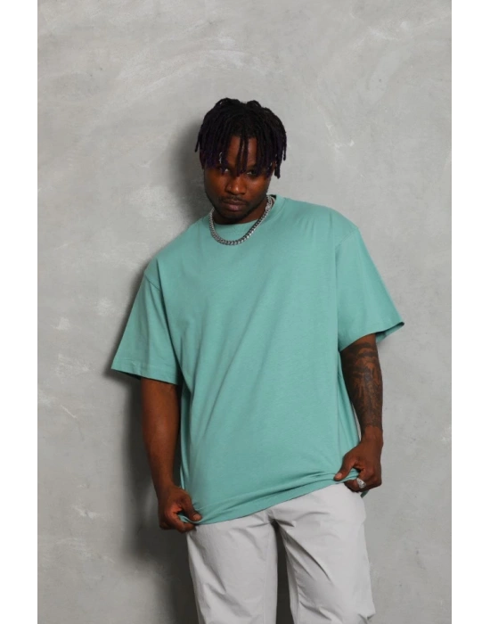 Unisex Oversize Düz Bisiklet Yaka T-Shirt - Mint Yeşili