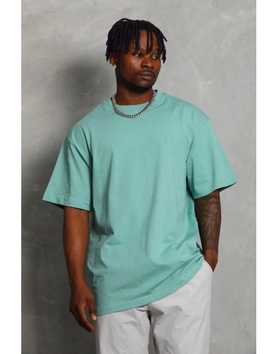 Unisex Oversize Düz Bisiklet Yaka T-Shirt - Mint Yeşili