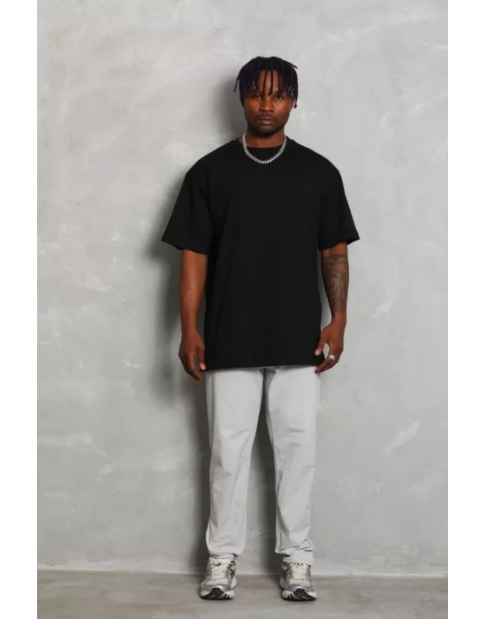 Unisex Oversize Düz Bisiklet Yaka T-Shirt - Siyah