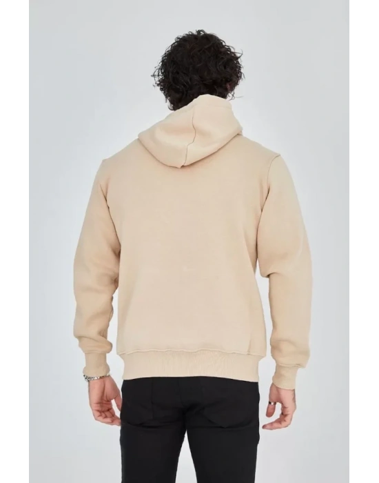 Unisex Tam Fermuarlı Kapşonlu  SweatShirt - Bej