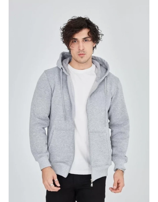 Unisex Tam Fermuarlı Kapşonlu  SweatShirt - Gri