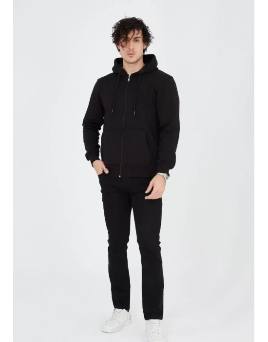 Unisex Tam Fermuarlı Kapşonlu  SweatShirt - Siyah
