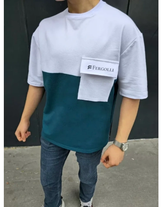 Unisex Torba Cep Detaylı  Parçalı T-Shirt - Lacivert
