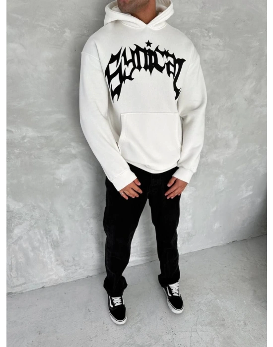Unisex Üç İplik Kapşonlu Baskılı SweatShirt - Beyaz