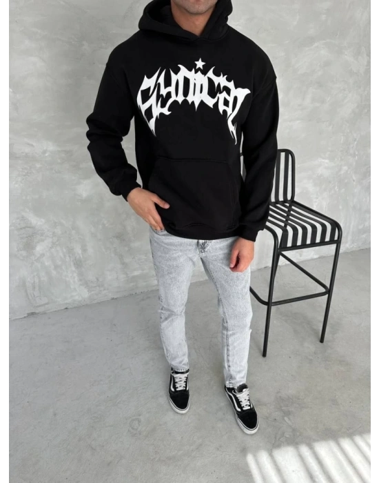 Unisex Üç İplik Kapşonlu Baskılı SweatShirt - Siyah