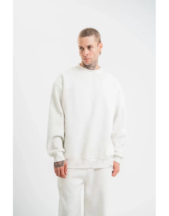 Unisex Uzun Kol Bisiklet Yaka Yıkamalı SweatShirt - Beyaz