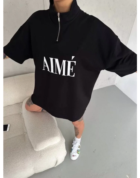 Unisex Yarım Fermuarlı Baskılı T-Shirt - Siyah
