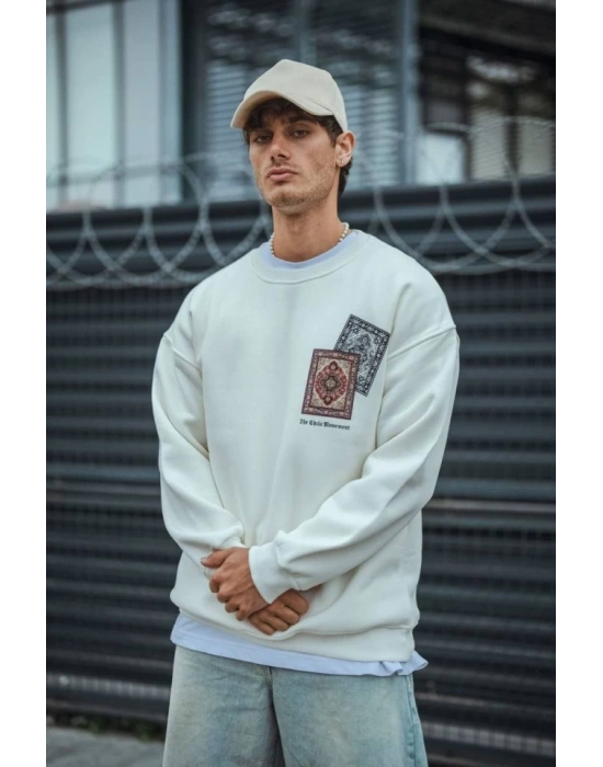Uzun Kol Bisiklet Yaka Baskılı SweatShirt - Beyaz