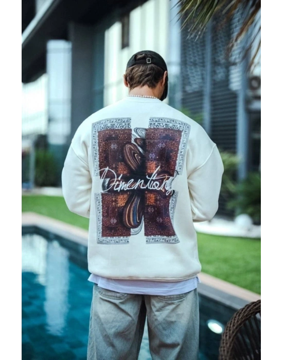 Uzun Kol Bisiklet Yaka Ön Ve Arka Baskılı SweatShirt - Beyaz