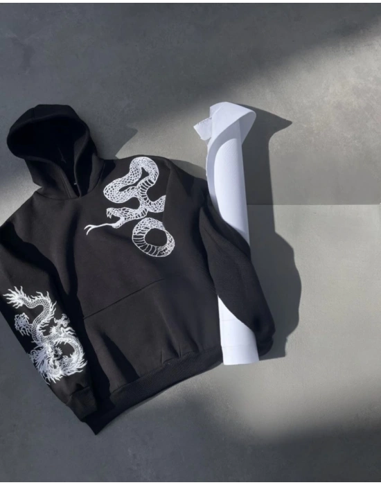 Uzun Kol Kapşonlu Baskılı SweatShirt - Siyah