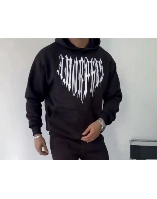 Uzun Kol Kapşonlu Baskılı SweatShirt - Siyah