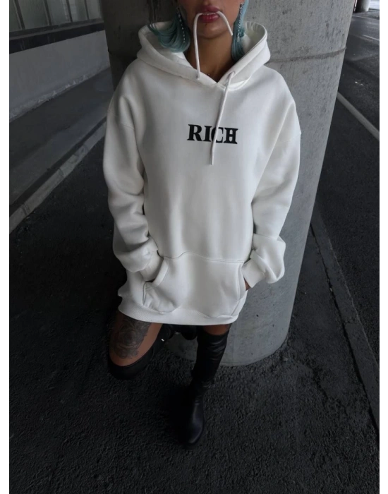 Uzun Kol Kapşonlu Göğüs Baskılı SweatShirt - Beyaz