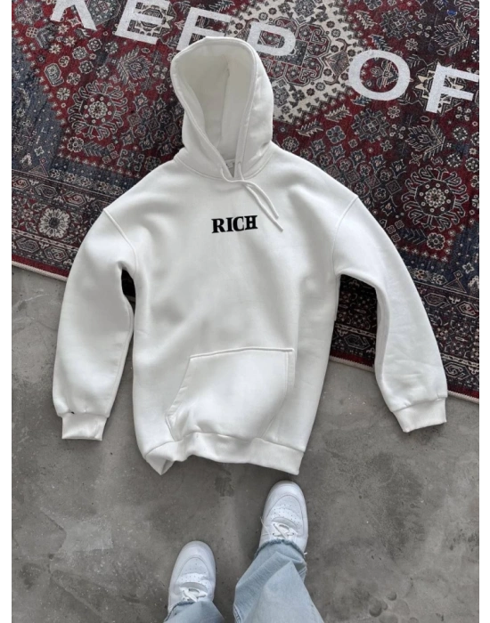 Uzun Kol Kapşonlu Göğüs Baskılı SweatShirt - Beyaz