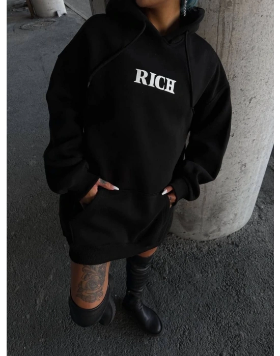 Uzun Kol Kapşonlu Göğüs Baskılı SweatShirt - Siyah