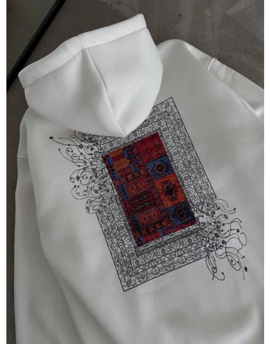 Uzun Kol Kapşonlu Ön Ve Arka Baskılı SweatShirt - Beyaz