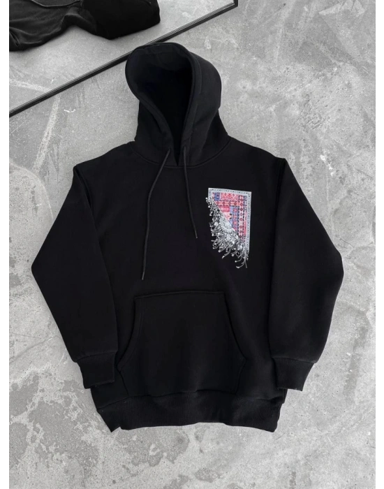 Uzun Kol Kapşonlu Ön Ve Arka Baskılı SweatShirt - Siyah