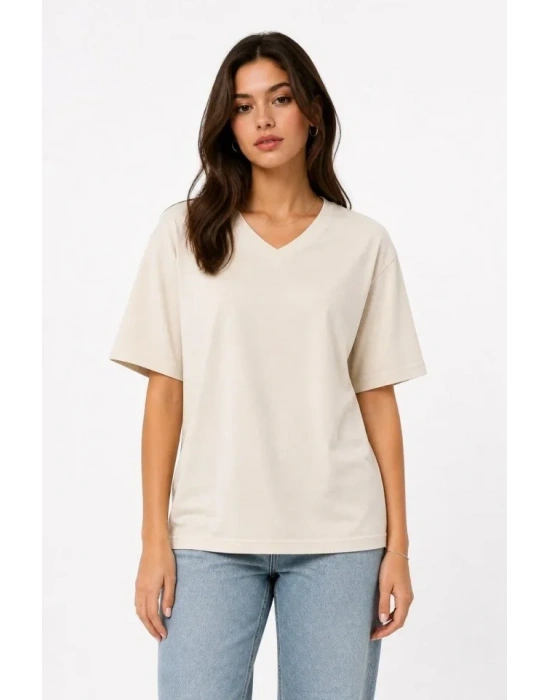 V Yaka Basic Tişört Kısa Kol Yazlık Regular Fit T-Shirt - Bej