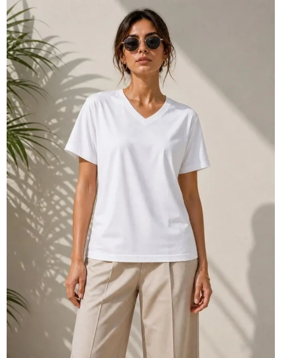 V Yaka Basic Tişört Kısa Kol Yazlık Regular Fit T-Shirt - Beyaz
