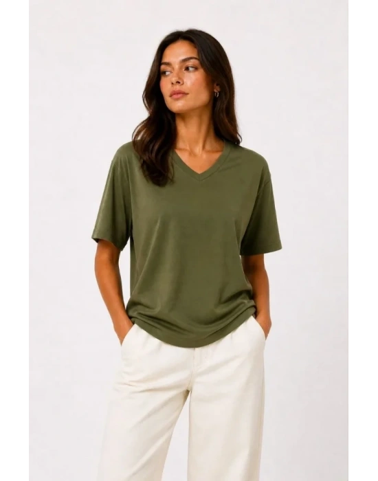 V Yaka Basic Tişört Kısa Kol Yazlık Regular Fit T-Shirt - Haki