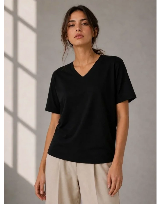 V Yaka Basic Tişört Kısa Kol Yazlık Regular Fit T-Shirt - Siyah