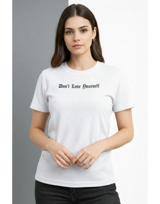 Wafıl Kumaş Tişört Regular Kalıp Bisiklet Yaka Baskılı Günlük Basic T-Shirt - Beyaz