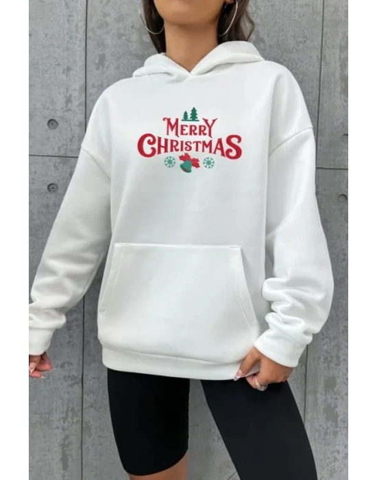Yılbaşı Merry Christmas Baskılı Oversize Kapüşonlu Sweatshirt Hoodie - Beyaz