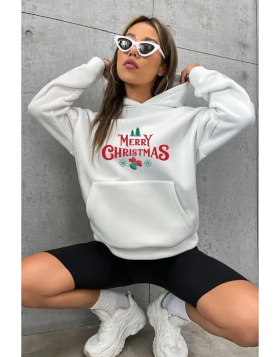 Yılbaşı Merry Christmas Baskılı Oversize Kapüşonlu Sweatshirt Hoodie - Beyaz